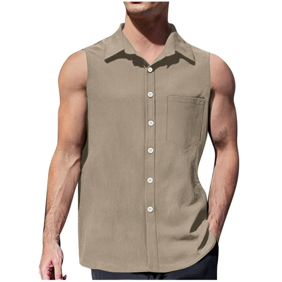 Wyobmus Men's Sleeveless Shirts Button Down Beach Tank Top Summer Beach Basic Solid Tee Shirt Vest With Pocket S-2X A-Khaki