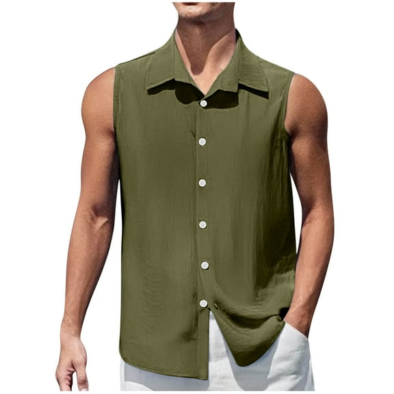 Wyobmus Men's Sleeveless Shirts Button Down Beach Tank Top Summer Beach Basic Solid Tee Shirt Vest With Pocket S-2X B-Olive Green