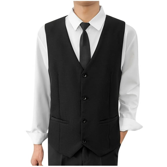 Wyobmus Men's Sleeveless Vest Classic Single Breasted Suit Vest Casual Waistcoat Solid 4 Button Business Blazer Vest With 2 Pockets B-Black