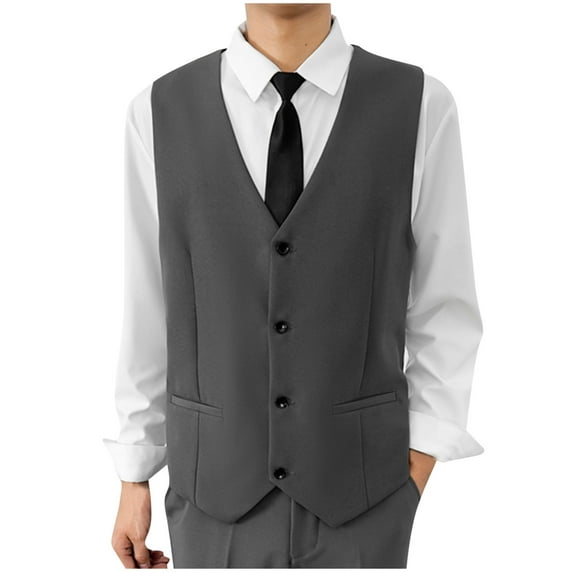 Wyobmus Men's Sleeveless Vest Classic Single Breasted Suit Vest Casual Waistcoat Solid 4 Button Business Blazer Vest With 2 Pockets B-Dark Gray