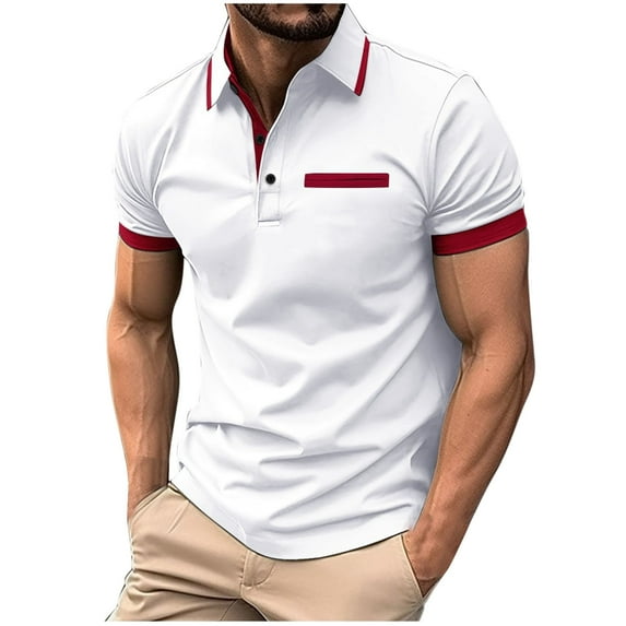 Wyobmus Men's Slim Fit Short Sleeve Shirt Classic Color Block Button Turndown Collar Shirt Workout Muscle Fit T-Shirts With Pockets White