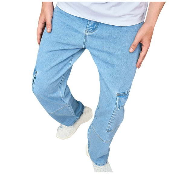 Wyobmus Men's Slim Fit Stretch Jeans Patchwork Jeans Distressed Straight Leg Streetwear Comfort Male Pants D-Light Blue