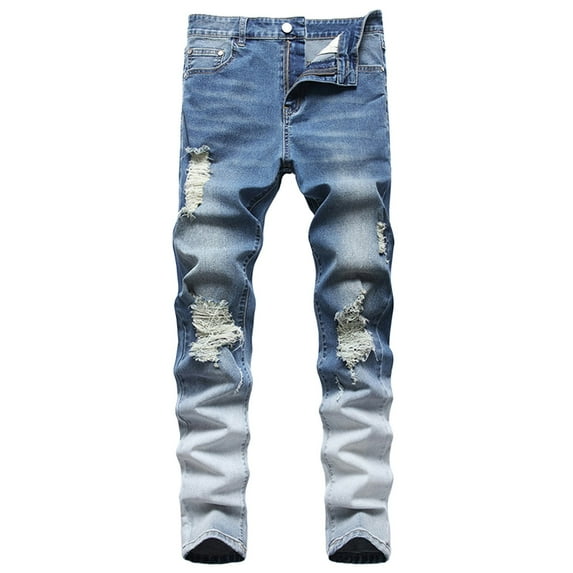 Wyobmus Men's Slim Fit Stretch Jeans Ripped Skinny Jeans Comfort Flex Waist Distressed Scrub Straight Leg Denim Pants K-Blue