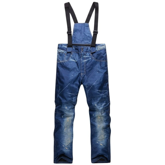 Wyobmus Men's Snow Ski Pants Men's Windproof Waterproof Insulated Warm Denim Overalls Thickened Warm Wearable Pants With Suspenders Blue
