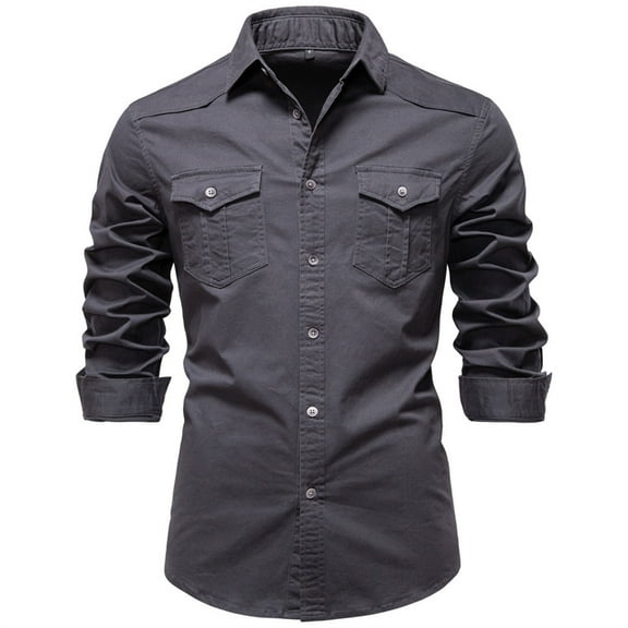 Wyobmus Men's Solid Color Shirt Casual Button Down Work Shirt Trundown Collar Long Sleeve Cowboy Shirt Jacket with Flip Pocket Dark Gray