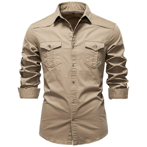 Wyobmus Men's Solid Color Shirt Casual Button Down Work Shirt Trundown Collar Long Sleeve Cowboy Shirt Jacket with Flip Pocket Khaki