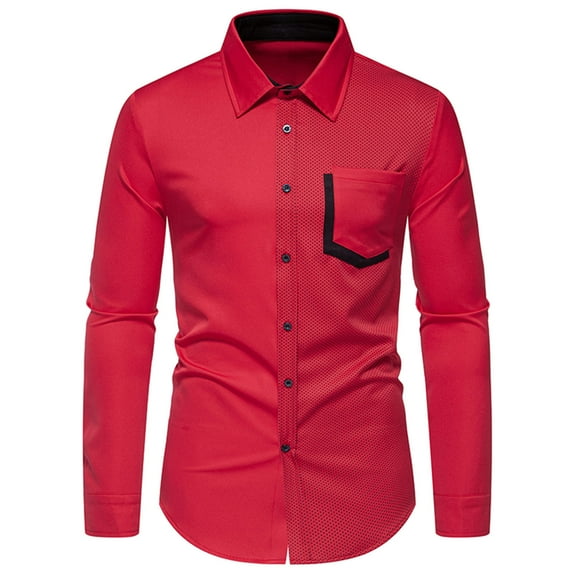 Wyobmus Men's Solid Long Sleeve Dress Shirt Color Blocked Slim Fit Casual Business formal Button Up Shirts Turn Down Collar Work Tops Red