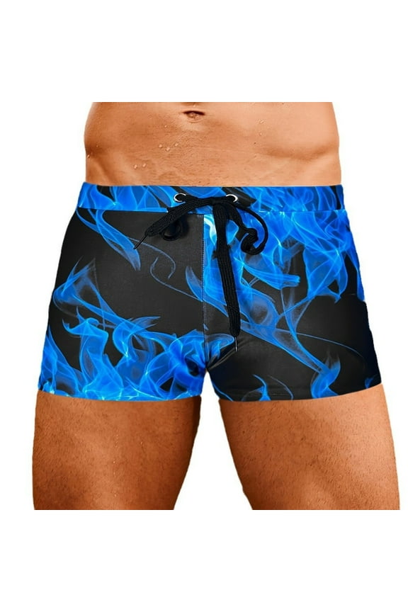 Men's Square Leg Swim Briefs Flame Graphic High Stretch Quick Drying Swimsuit Athletic Swimwear Bathing Suit Swimming Trunks D-Black