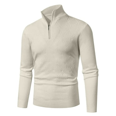 Wyobmus Men's Stand Collar Sweater Fashion Winter Knit Sweater Solid Color Quarter Zip Pillover Beige