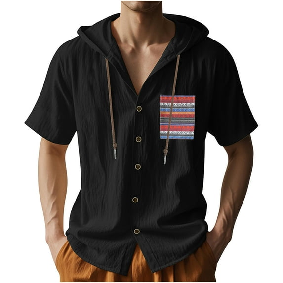 Wyobmus ‌Men's Summer Cotton Linen Hooded Shirt Casual Short Sleeve Button Up Drawstring Beach Shirt Casual Solid Color Tops With Hood S-3X B-Black