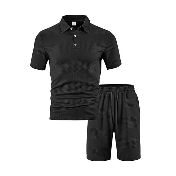 Wyobmus Men's Summer Texture Short Sets Outfits 2 Piece Short Sleeve Flip Collar Shirt Shorts Set Casual Sport Suit Black