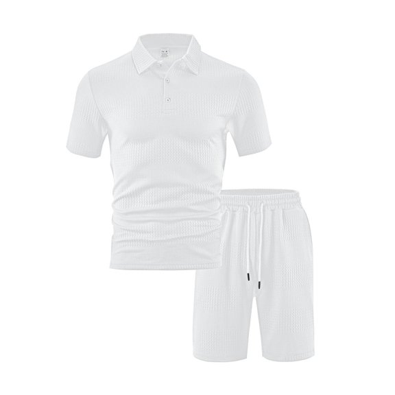Wyobmus Men's Summer Texture Short Sets Outfits 2 Piece Short Sleeve Flip Collar Shirt Shorts Set Casual Sport Suit White