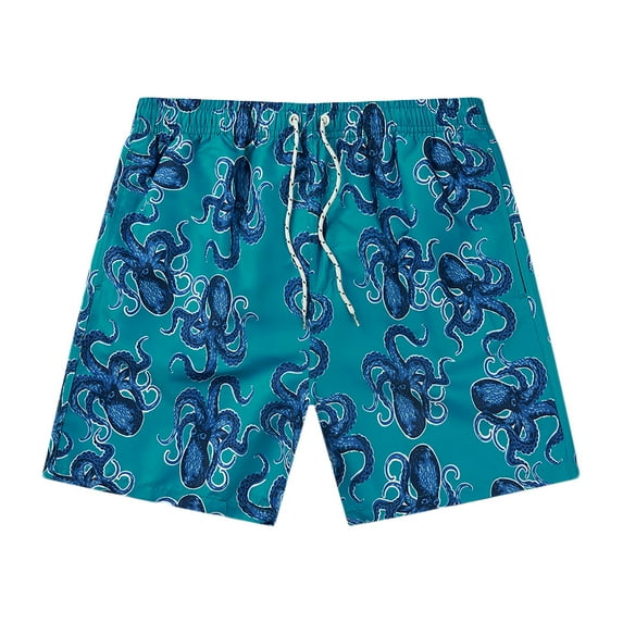 Wyobmus Men's Swim Trunks Hawaiian Bathing Suit Drawstring Elastic Waist Swimsuits Octopus Print Beach Shorts With Pockets No Mesh Lining B-Blue