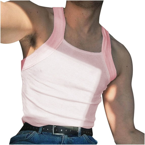 Wyobmus Men's Tank Tops Square Cut Muscle Ribbed Knit A-Shirts Solid Color Fitness Sports Slim Tanks S-4X Pink