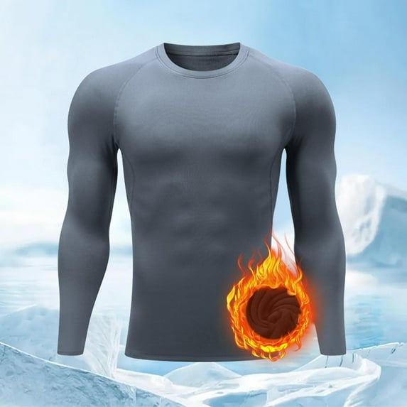 Wyobmus Men's Thermal Shirt Fleece Lined Long Sleeve Athletic Base Layer Workout Top Solid Color Round Neck Fitted Sport Shirt A-Gray