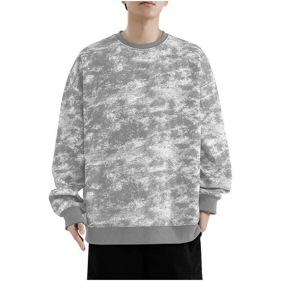 Wyobmus Men's Tie Dye Sweatshirt Long Sleeve Round Neck Pullovers Lightweight Soft Basic Sweatshirts Gray