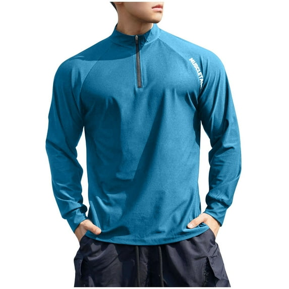 Wyobmus Men's Training Shirt Long Sleeve Quarter Zip Pullover Lightweight Moisture Wicking Quick Dry Athletic WorkouT-Shirts Sky Blue