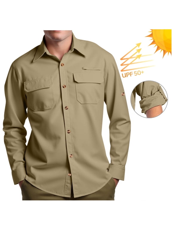 Men's Upf 50 Sun Protection Fishing Shirts with Flip Pocket Long Sleeve Button Down Lightweight Hiking Shirt Outdoor Rolled Cuff Safari Shirt B-Khaki