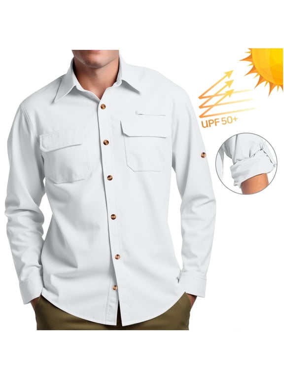 Men's Upf 50 Sun Protection Fishing Shirts with Flip Pocket Long Sleeve Button Down Lightweight Hiking Shirt Outdoor Rolled Cuff Safari Shirt B-White