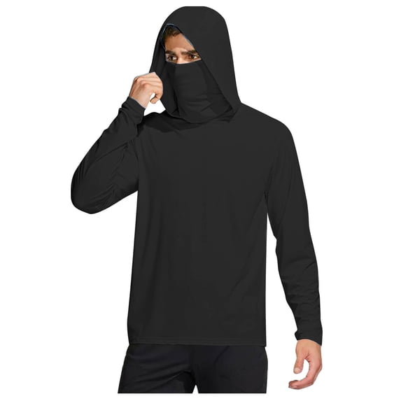 Wyobmus Men's Upf 50+ Sun Protection Hoodie With Face Mask Lightweight Breathable Long Sleeve Spf Quick Dry Fishing Hiking Running Shirts Hooded A-Black