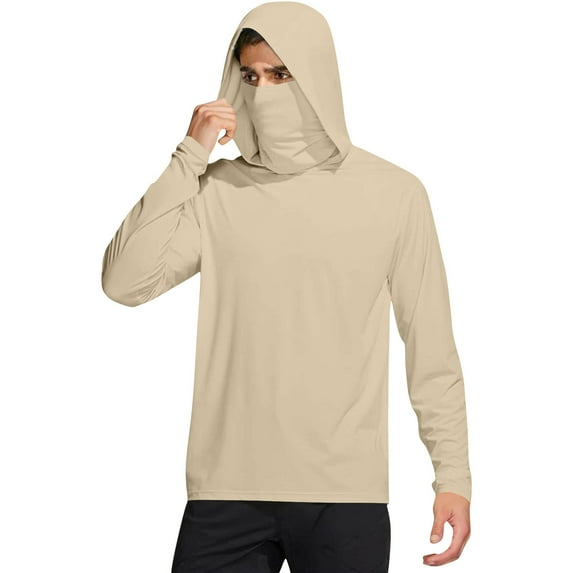 Wyobmus Men's Upf 50+ Sun Protection Hoodie With Face Mask Lightweight Breathable Long Sleeve Spf Quick Dry Fishing Hiking Running Shirts Hooded B-Beige