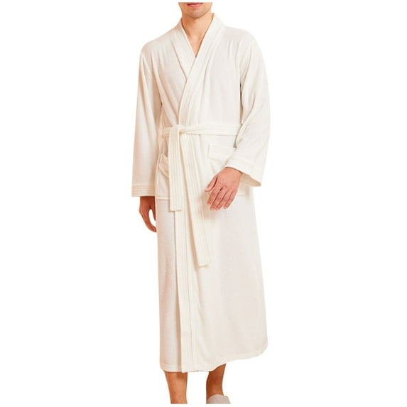 Wyobmus Men's V Neck Robe Bathrobe With Elastic Waist Lightweight Soft Loungewear Nightwear White