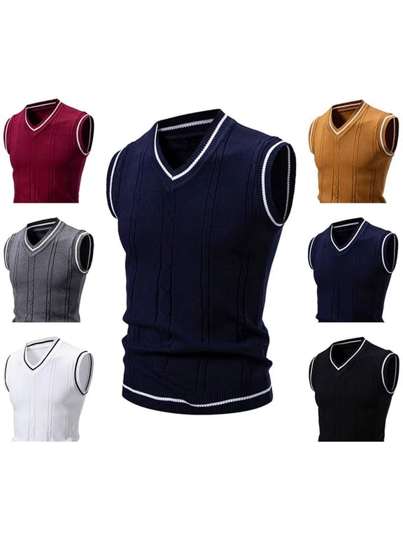 Men's V Neck Sweater Vest Casual Cable Knit Slim Fit Sleeveless Pullover Sweater With Ribbing Edge Black