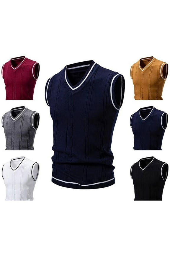 Men's V Neck Sweater Vest Casual Cable Knit Slim Fit Sleeveless Pullover Sweater With Ribbing Edge Gold