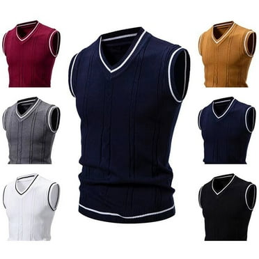 Wyobmus Men's V Neck Sweater Vest Casual Cable Knit Slim Fit Sleeveless Pullover Sweater With Ribbing Edge White