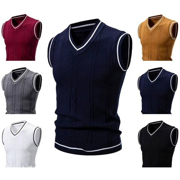 Wyobmus Men's V Neck Sweater Vest Casual Cable Knit Slim Fit Sleeveless Pullover Sweater With Ribbing Edge White