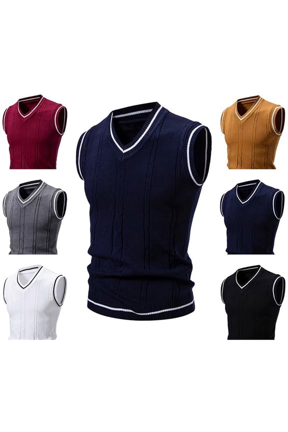 Men's V Neck Sweater Vest Casual Cable Knit Slim Fit Sleeveless Pullover Sweater With Ribbing Edge White