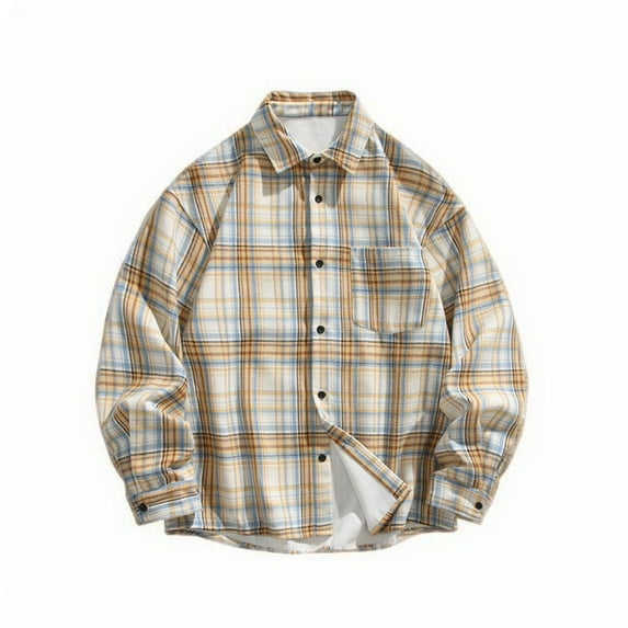 Wyobmus Men's Vintage Flannel Plaid Shirt Casual Fleece Lined Lapel Brushed Button Down T-Shirt Long Sleeve Turndown Collar Shirts Orange