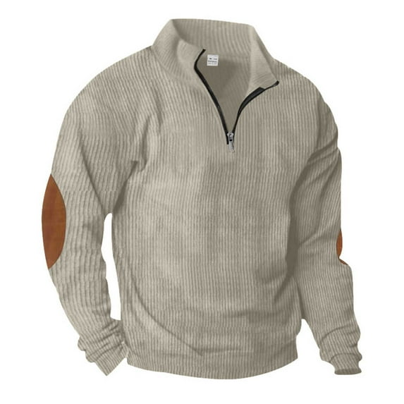Wyobmus Men's Vintage Loose Fit Shirts Corduroy Colorblocked Stand Collar Button Pullover Long Sleeve Sweatshirt With Patched Elbow Beige