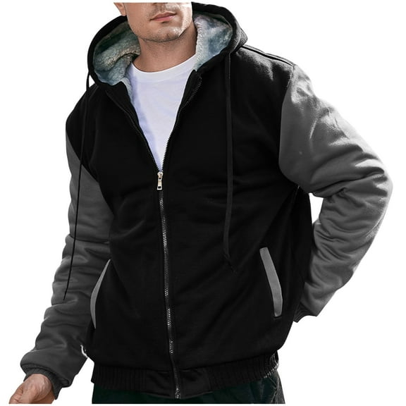 Wyobmus Men's Warm Hooded Quilted Jacket Patchwork Long Sleeve Hooded Jacket Casual Full Zip Hooded Winter Coat Dark Gray