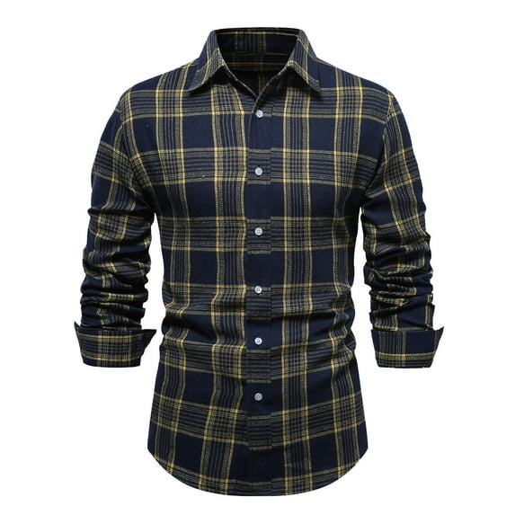 Wyobmus Men's Twill Button Down Shirt Regular Fit Dress Shirts Long Sleeve Plaid Flannel Casual Shirts Spread Collar Business Work Shirts Blouses L-Yellow