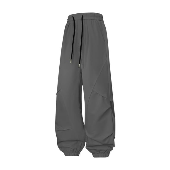 Wyobmus Men's Wide Leg Pants Regular Fit Casual Pants Solid Color Pockets Elastic Waist Ice Silk Pants Dark Gray