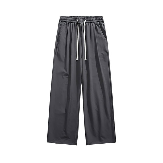 Wyobmus Men's Wide Leg Pants Solid Color Pocket Drawstring Waist Open Bottom Pants Casual Straight Leg Pants Dark Gray