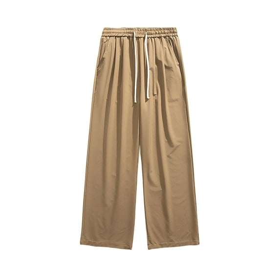 Wyobmus Men's Wide Leg Pants Solid Color Pocket Drawstring Waist Open Bottom Pants Casual Straight Leg Pants Khaki