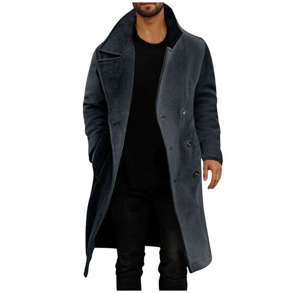 Wyobmus Men's Winer Warm Fleece Trench Coat Solid Color Notched Lapel Double Breasted Long Peacoat Dark Gray
