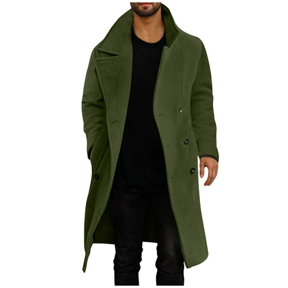 Wyobmus Men's Winer Warm Fleece Trench Coat Solid Color Notched Lapel Double Breasted Long Peacoat Green