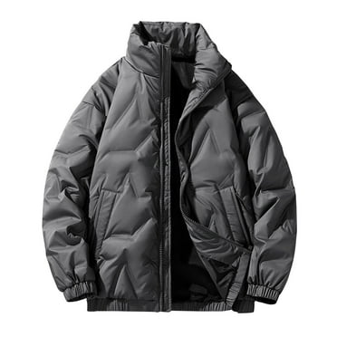 Wyobmus Men's Winter Coat Hoodless Winter Coat Warm Puffer Jacket Thicken Cotton Coat With Zipper Pocket Gray
