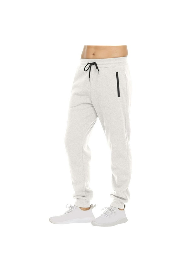 Men's Winter Warm Sweatpants With Zipper Pockets Fleece Tapered Joggers Drawstring Waist Athletic Gym Running Workout Track Pants White