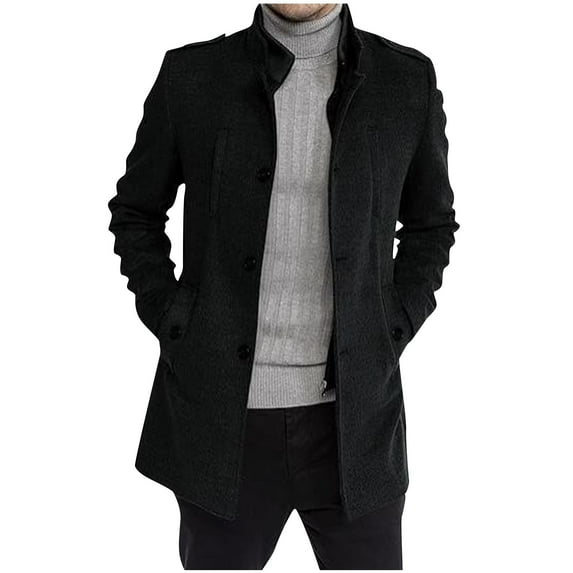Wyobmus Men's Wool Blend Jacket Stand Collar Zipper Button Down Pea Coat Long Sleeve Outwear Black