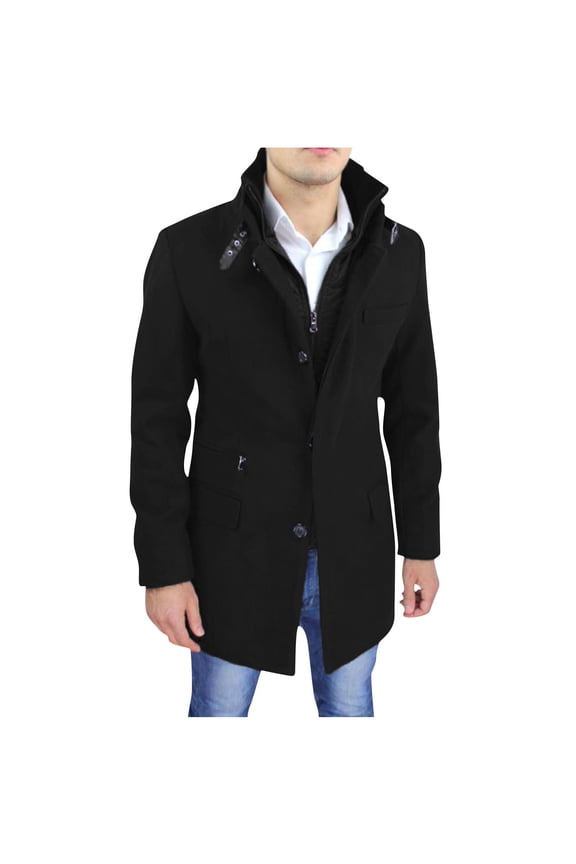 Men's Wool Blend Jacket Stand Collar Zipper Button Down Pea Coat Long Sleeve Outwear Black