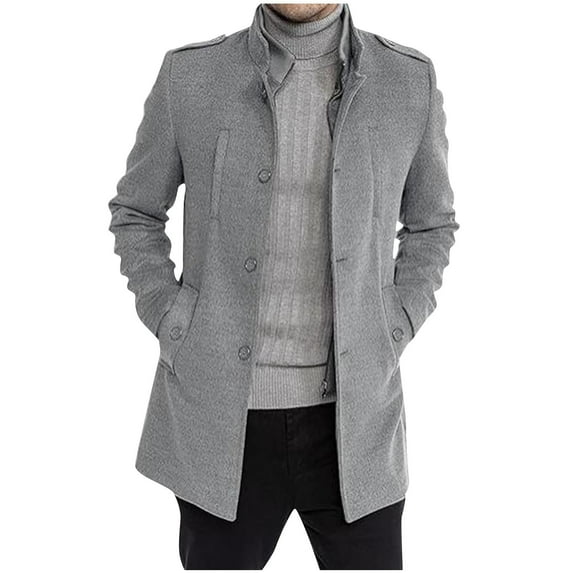 Wyobmus Men's Wool Blend Jacket Stand Collar Zipper Button Down Pea Coat Long Sleeve Outwear Gray