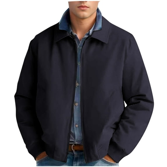 Wyobmus Men's Wool Blend Zip Up Jacket Notch Lapel Lightweight Casual Stylish Bomber Jackets With Pockets Navy