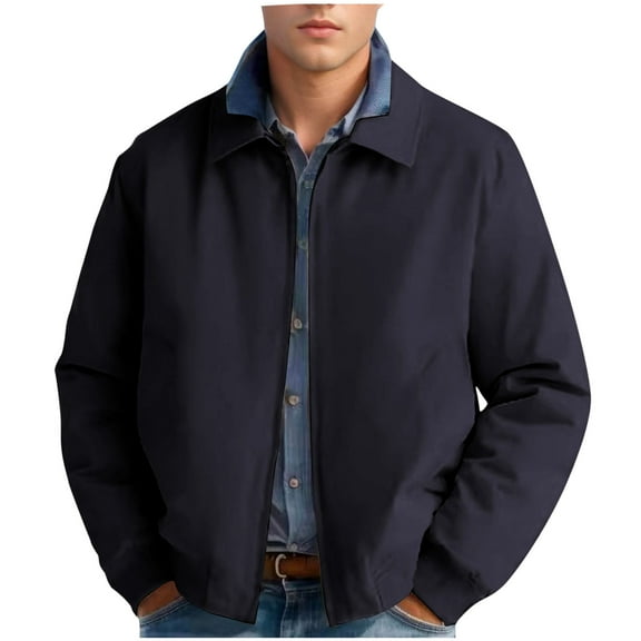 Wyobmus Men's Wool Blend Zip Up Jacket Notch Lapel Lightweight Casual Stylish Bomber Jackets With Pockets Navy