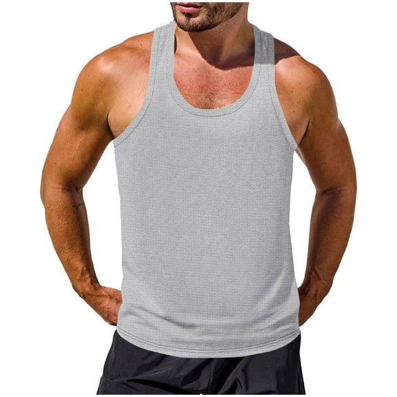 Wyobmus Men's Workout Tank Top Waffle Knit Gym Muscle Tees Round Neck Bodybuilding Sleeveless T Shirt Gray