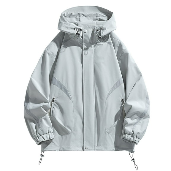 Wyobmus Men's Zip Up Windbreaker Jacket Outdoor Lightweight Waterproof Hooded Jacket for Hiking Travel With Zipper Pocket Gray