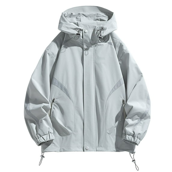 Wyobmus Men's Zip Up Windbreaker Jacket Outdoor Lightweight Waterproof Hooded Jacket for Hiking Travel With Zipper Pocket Gray